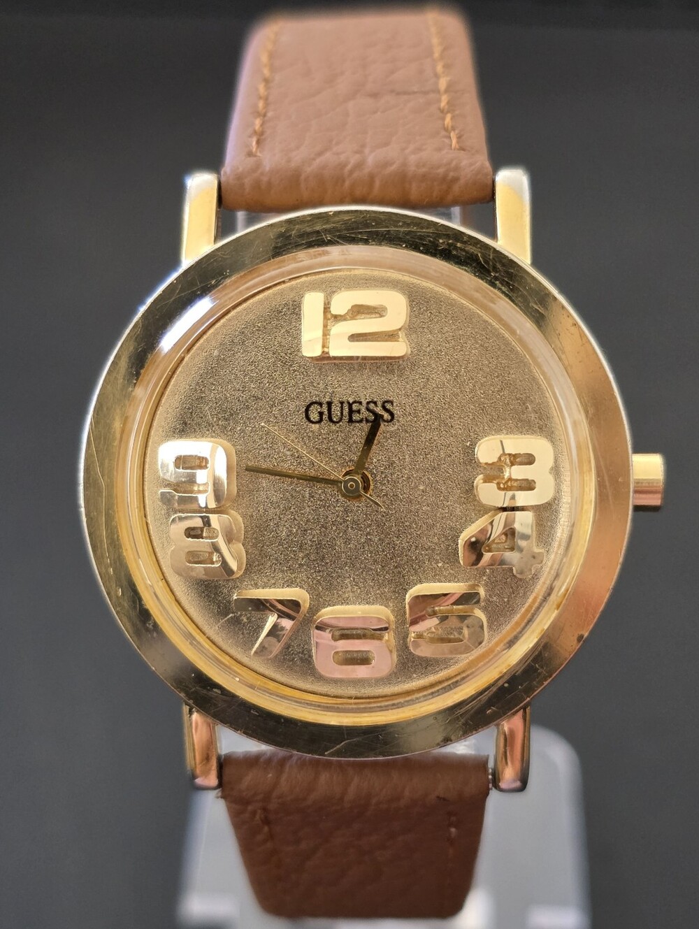Vtg GUESS Y2K 3D Block Numbers Domed 36mm Watch Gold Tone Leather Band WORKS